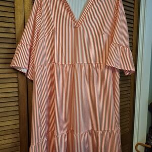 SHEIN Orange and White Striped Dress with Flare Sleeves